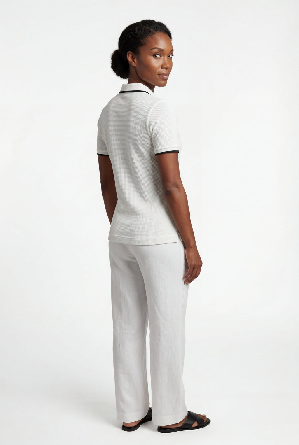 Lisa | Ivory Contrast Trim Textured Half Zip Polo Shirt