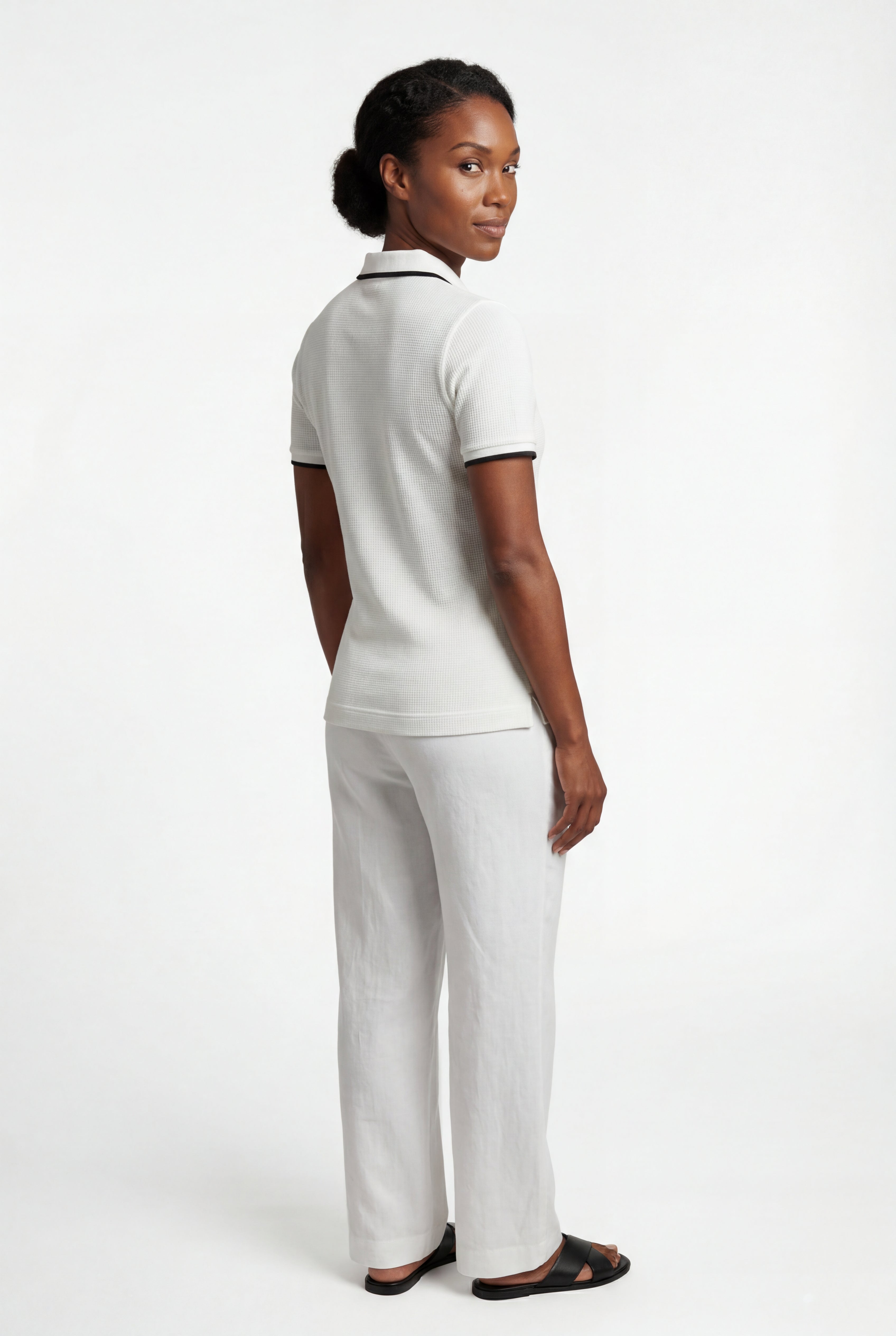 Lisa | Ivory Contrast Trim Textured Half Zip Polo Shirt
