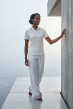 Lisa | Ivory Contrast Trim Textured Half Zip Polo Shirt
