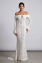 Elcevi | Ivory Off-shoulder Lace Maxi Gown with Bell Sleeves For Women