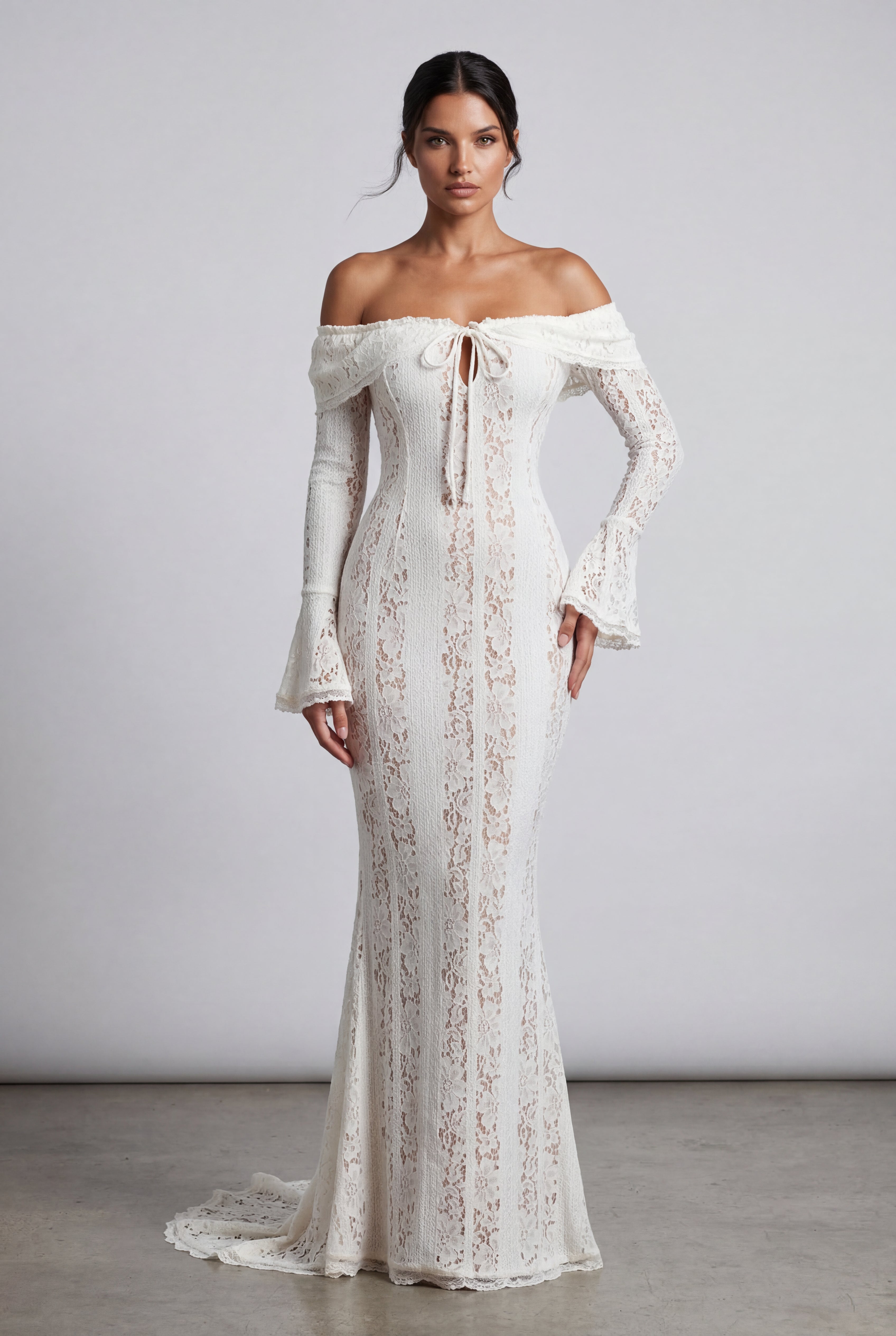 Elcevi | Ivory Off-shoulder Lace Maxi Gown with Bell Sleeves For Women