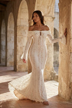 Elcevi | Ivory Off-shoulder Lace Maxi Gown with Bell Sleeves For Women