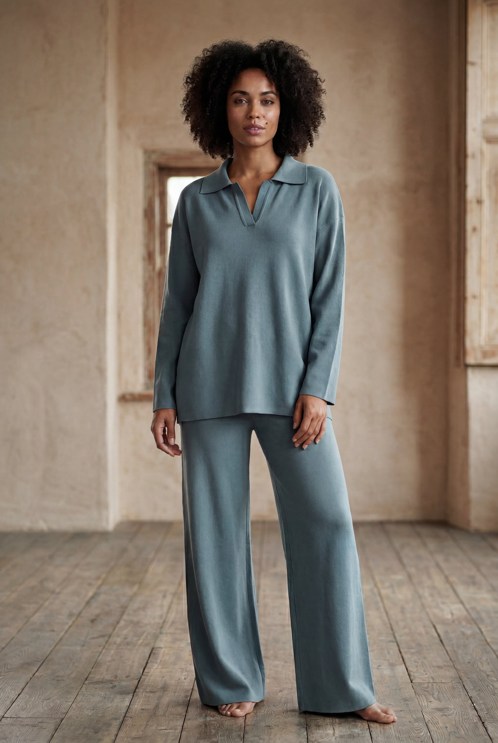 Lia | Oversized Collared Lounge Set with Wide-leg Trousers