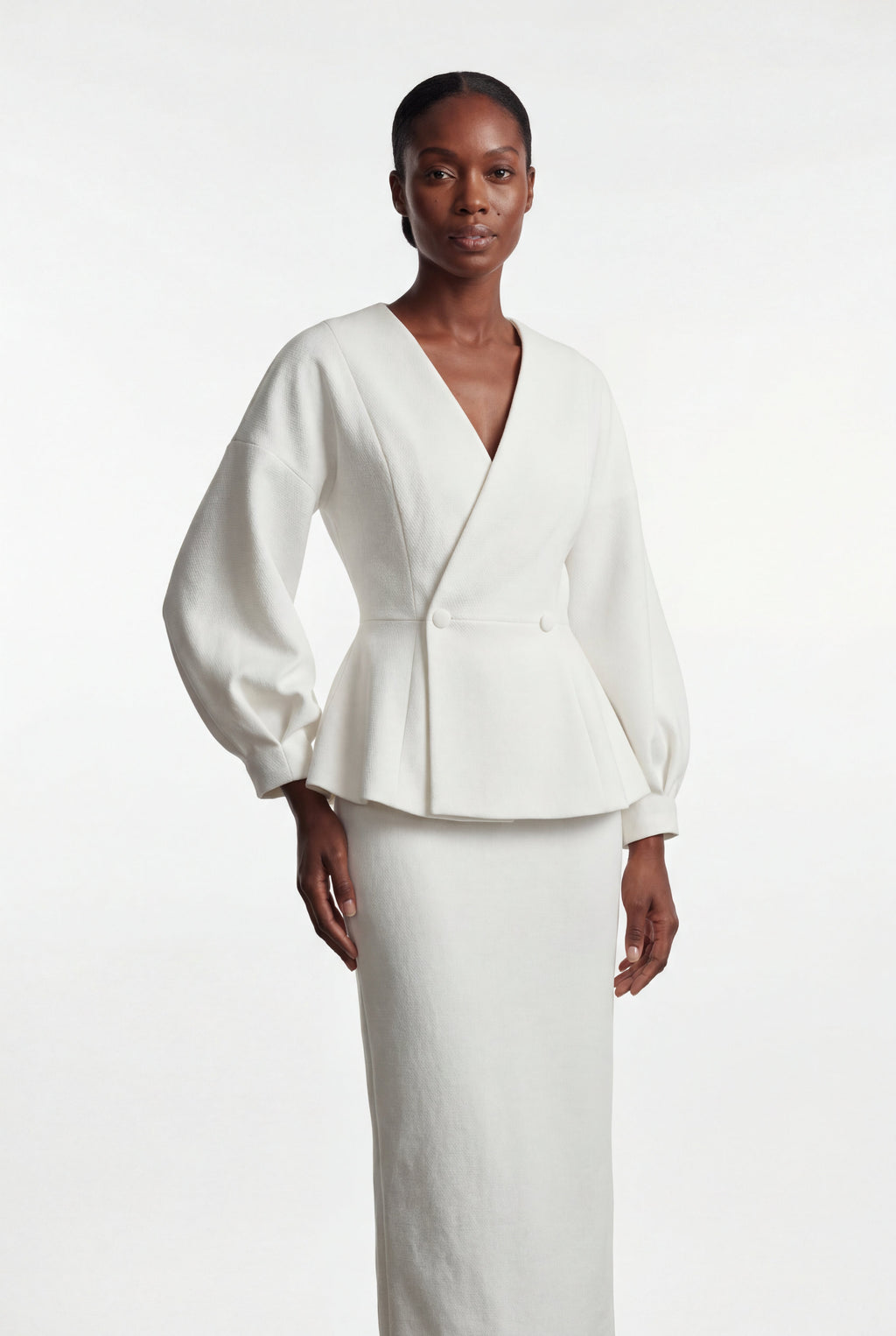 Peplum Blazer and Long Pencil Skirt Set with Balloon Sleeves | Elcevi