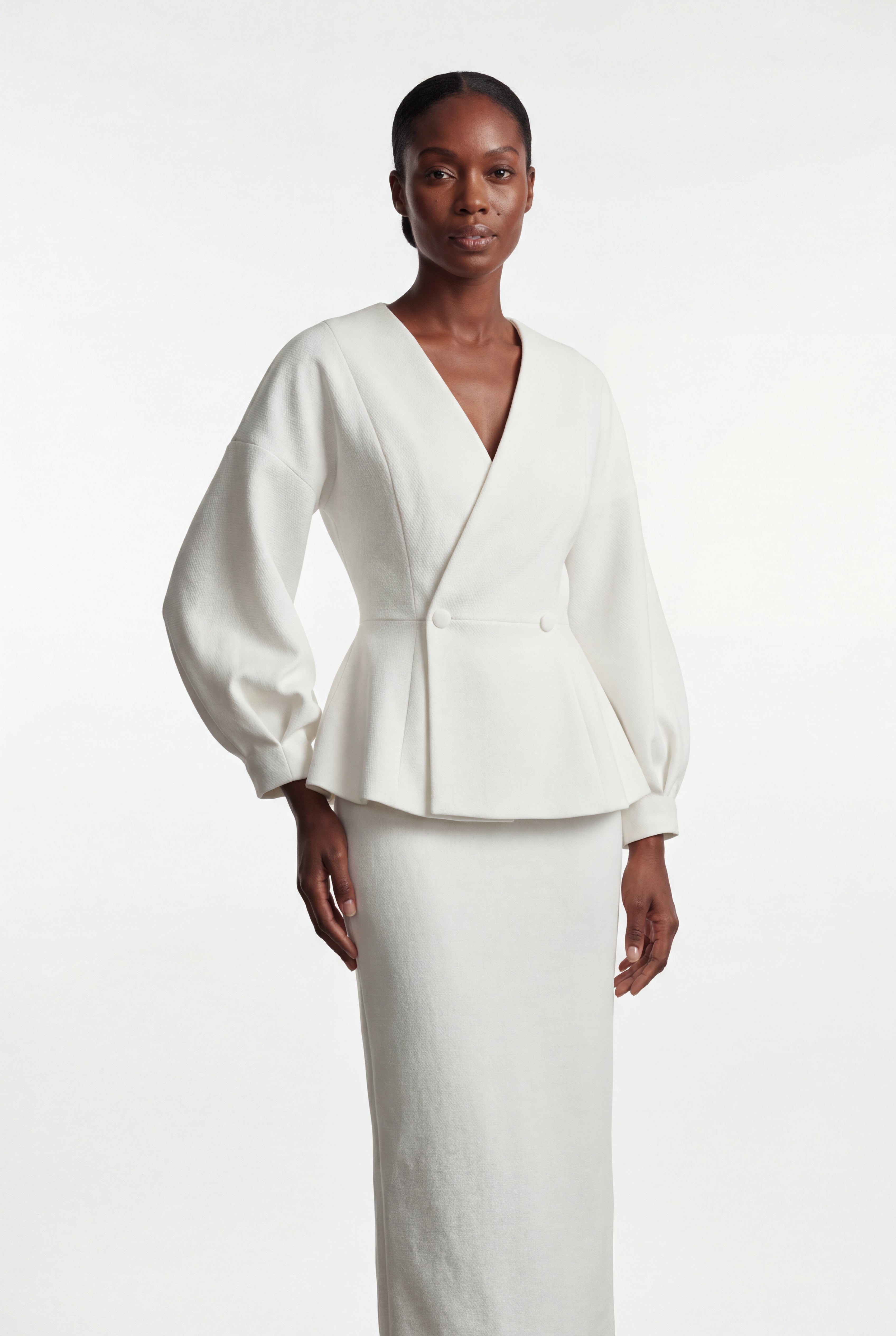 Peplum Blazer and Long Pencil Skirt Set with Balloon Sleeves | Elcevi