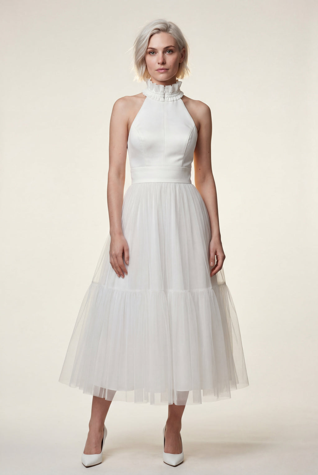 Alyssa | Pleated Halter Neck Midi Dress with Open Back Detail For Women