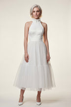 Alyssa | Pleated Halter Neck Midi Dress with Open Back Detail For Women