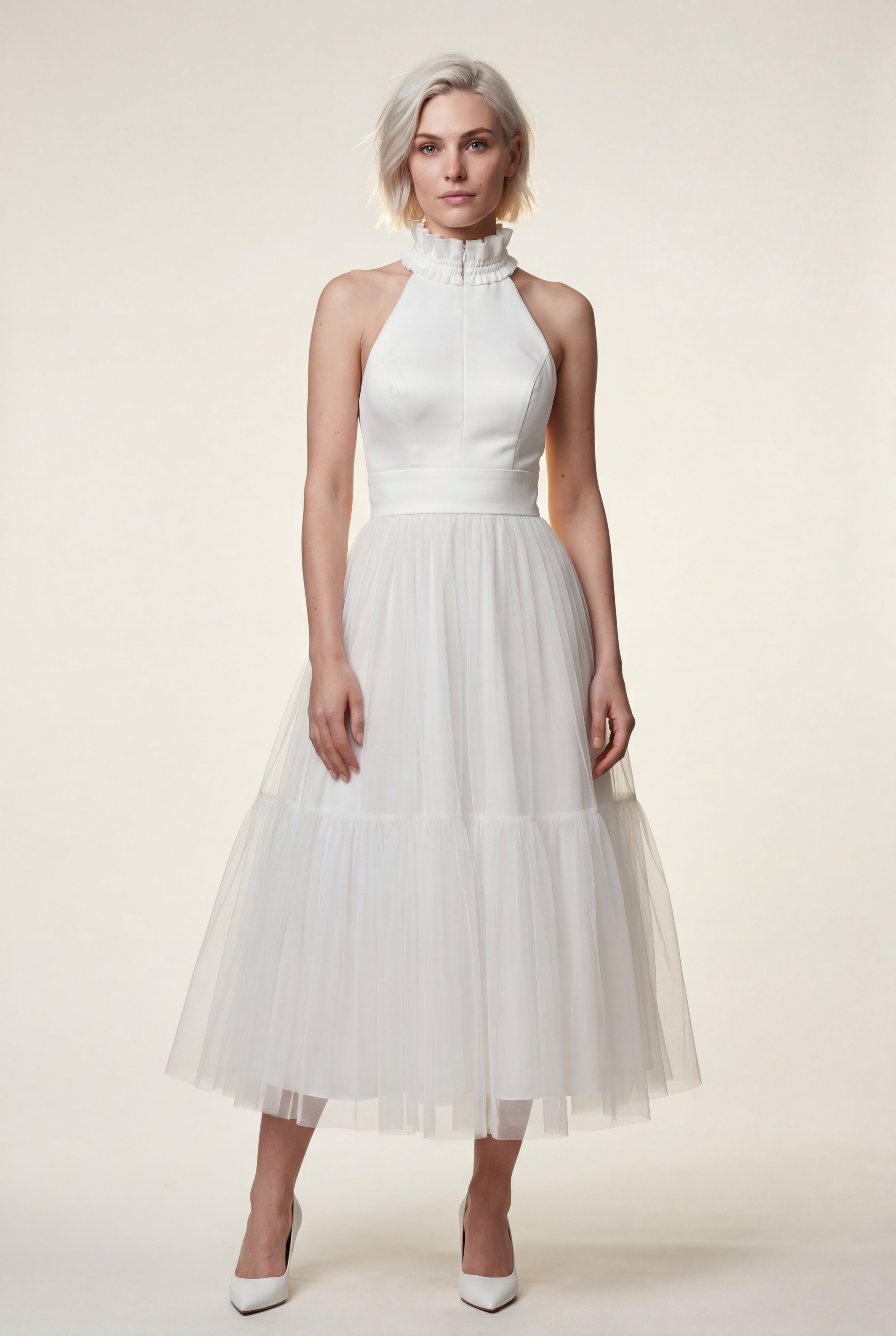 Alyssa | Pleated Halter Neck Midi Dress with Open Back Detail For Women