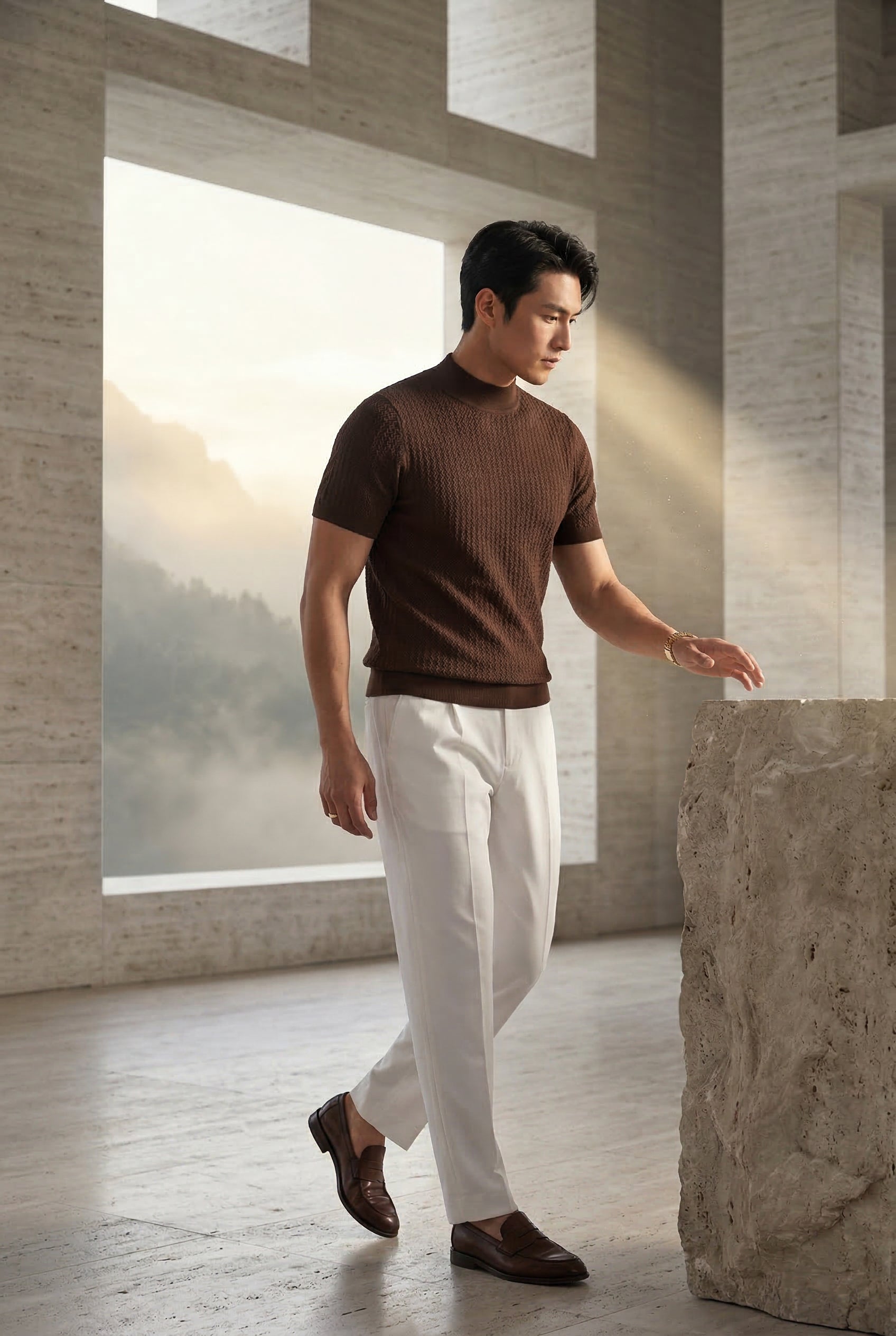 Ribbed Mock Neck Short Sleeve Sweater Shirt | James