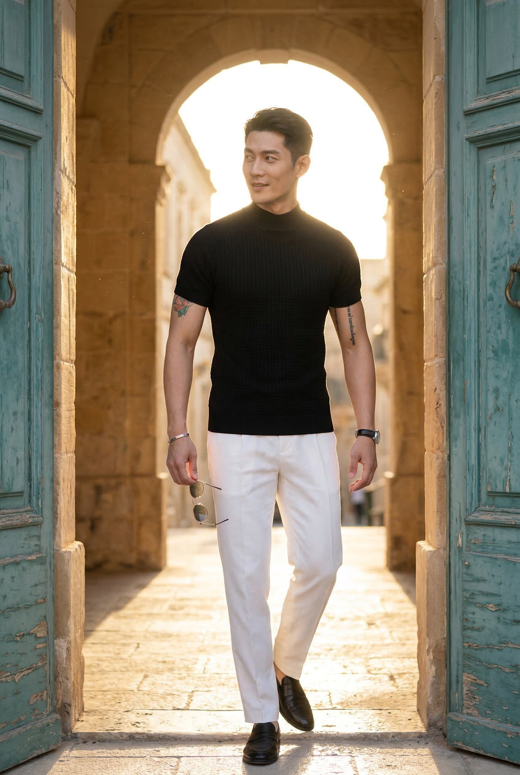 Ribbed Mock Neck Short Sleeve Sweater Shirt | James
