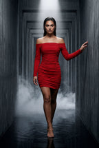 Alessia | Ruched Off-shoulder Bodycon Mini Dress with Long Sleeves For Women