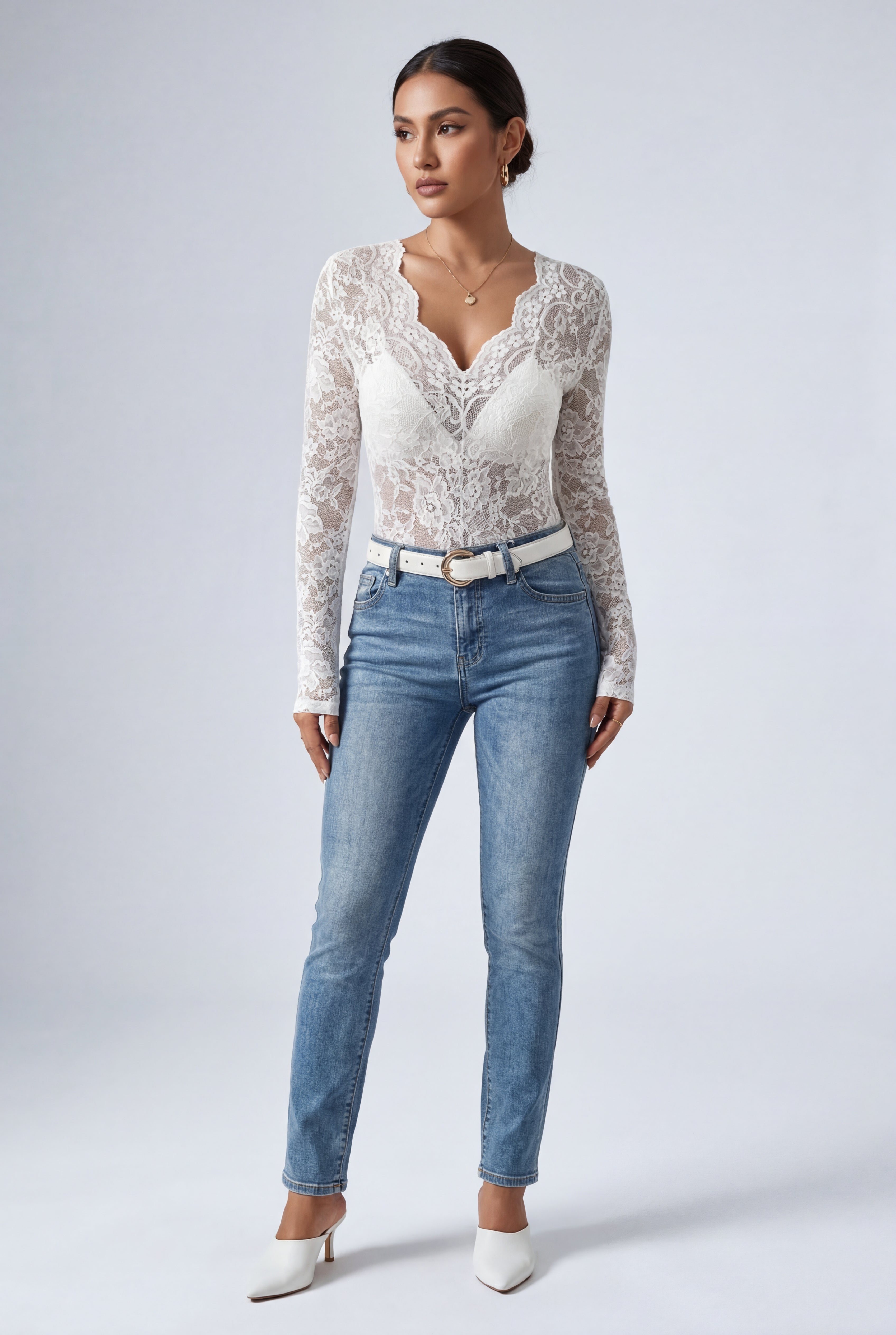 Lois | Scalloped Floral Lace Long Sleeve Bodysuit Top