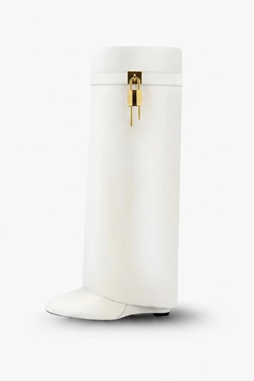 Elcevi | Sculptural High Shaft Wedge Boots with Padlock Detail For Women
