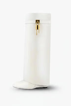 Elcevi | Sculptural High Shaft Wedge Boots with Padlock Detail For Women