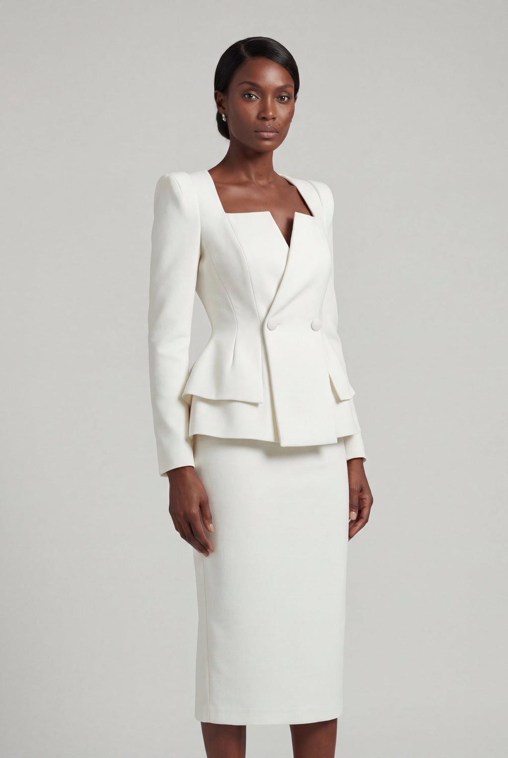 Structured Peplum Skirt Suit with Square Neckline | Elcevi
