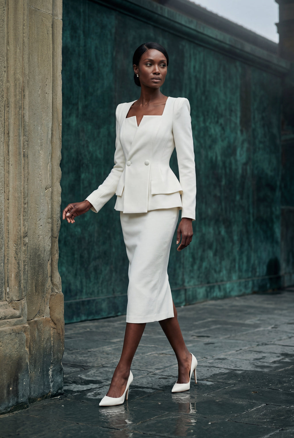 Structured Peplum Skirt Suit with Square Neckline | Elcevi