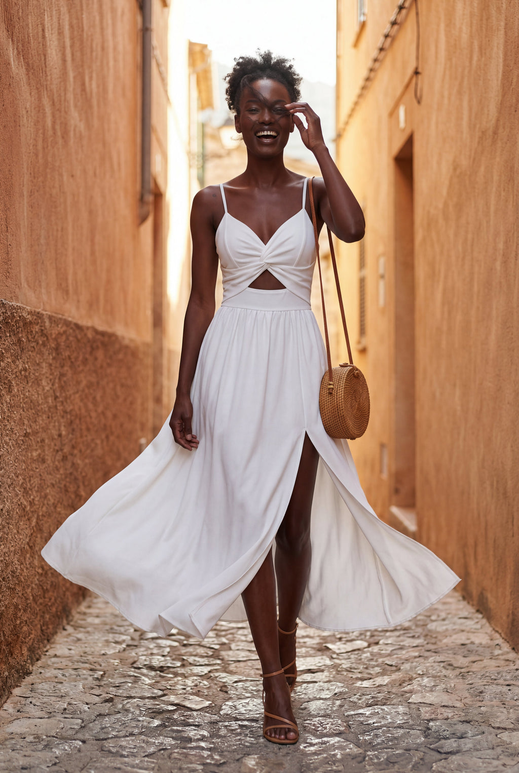 Elcevi | Twist-front Cutout Midi Dress with Side Slit For Women