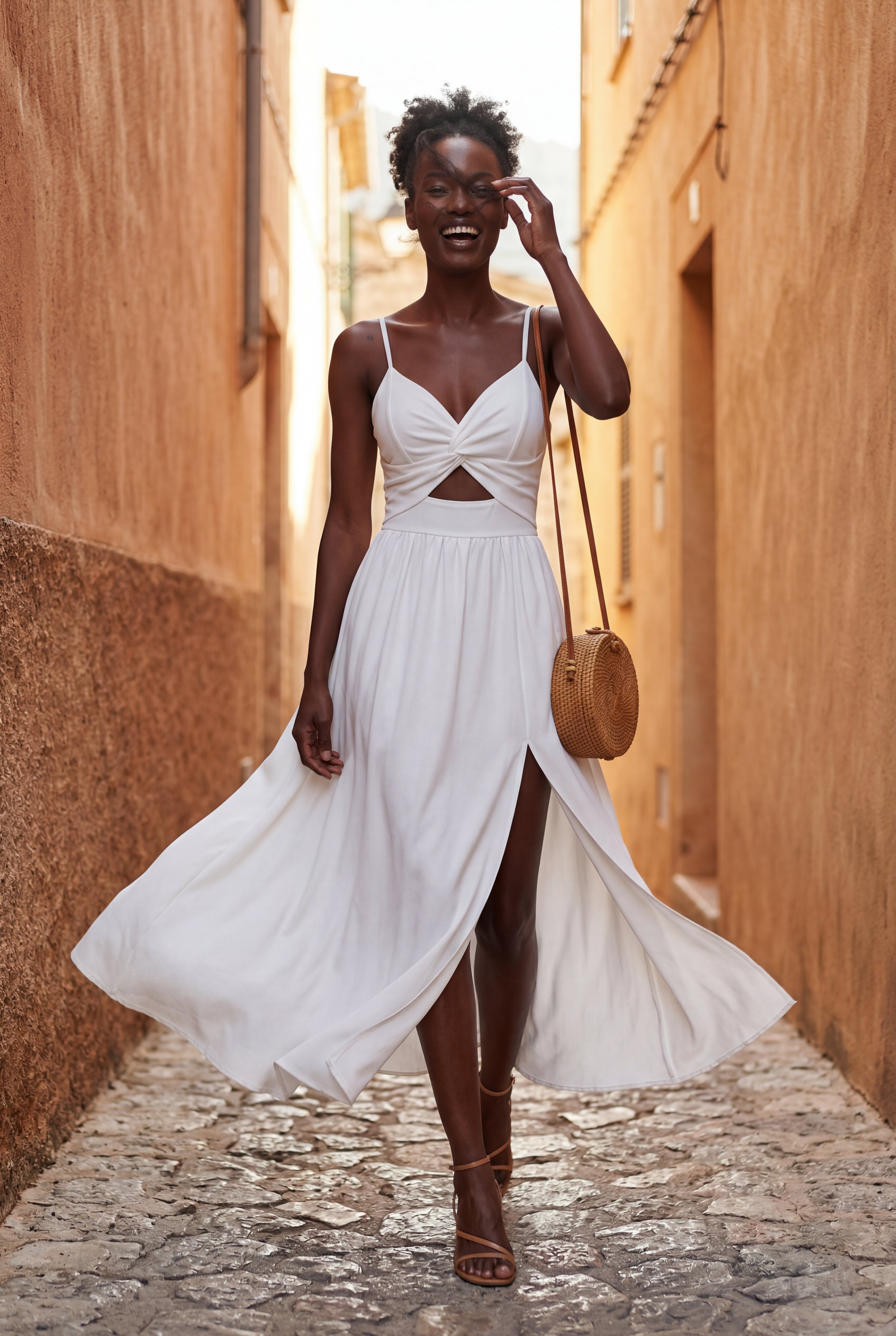 Elcevi | Twist-front Cutout Midi Dress with Side Slit For Women