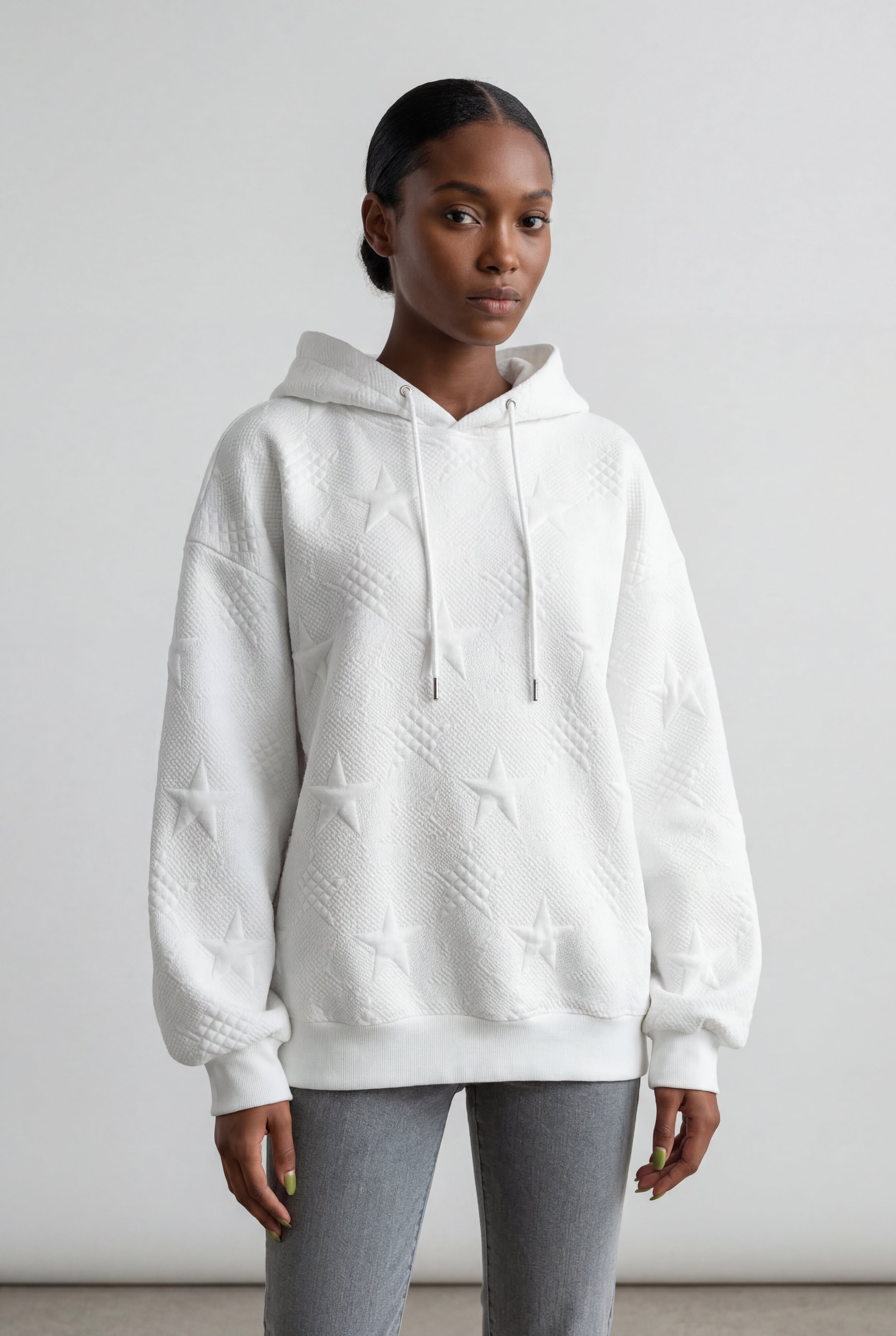 Lia | White Embossed Star Relaxed Fit Hoodie