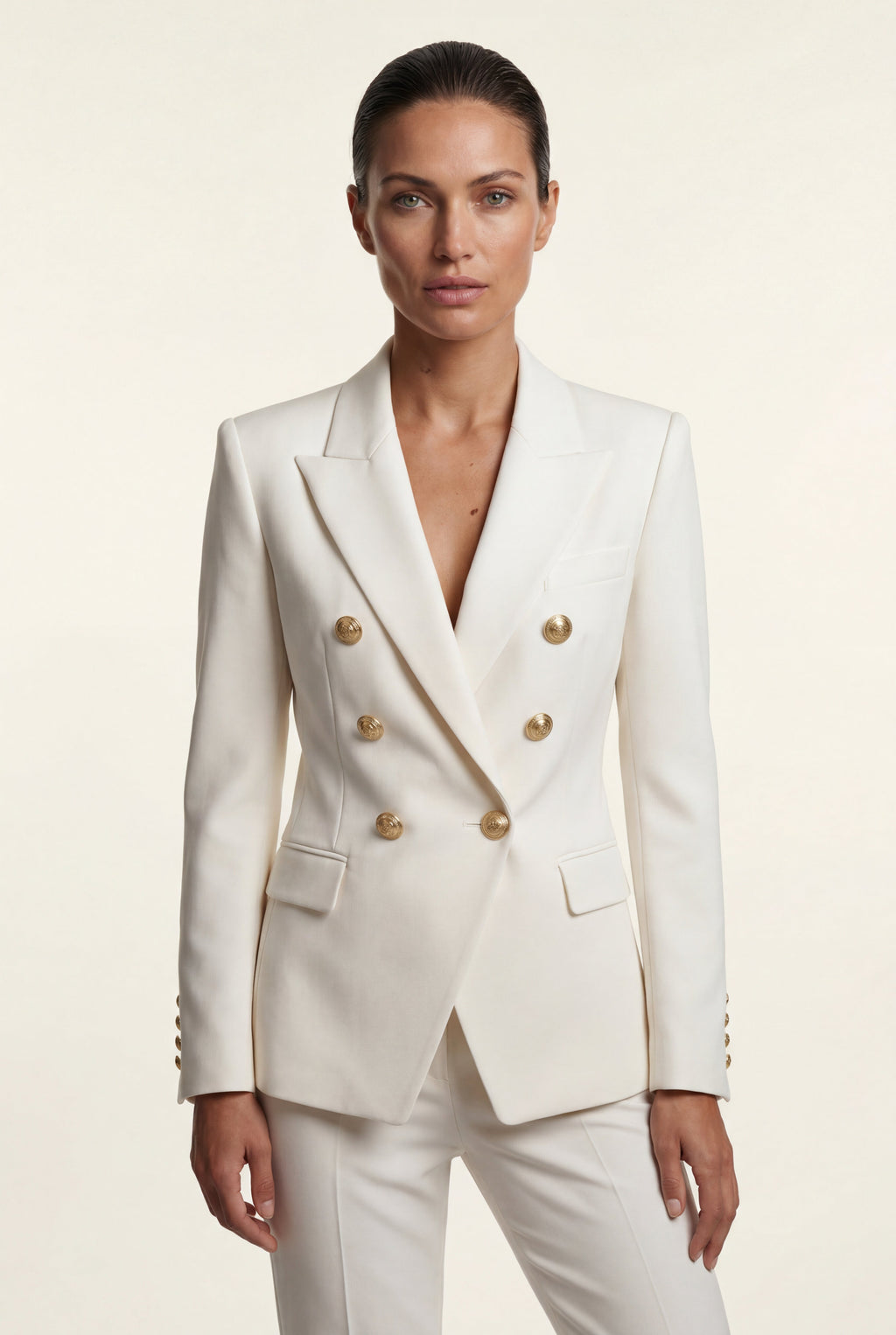 Lia | Women's Gold Button Double-Breasted Tailored Blazer