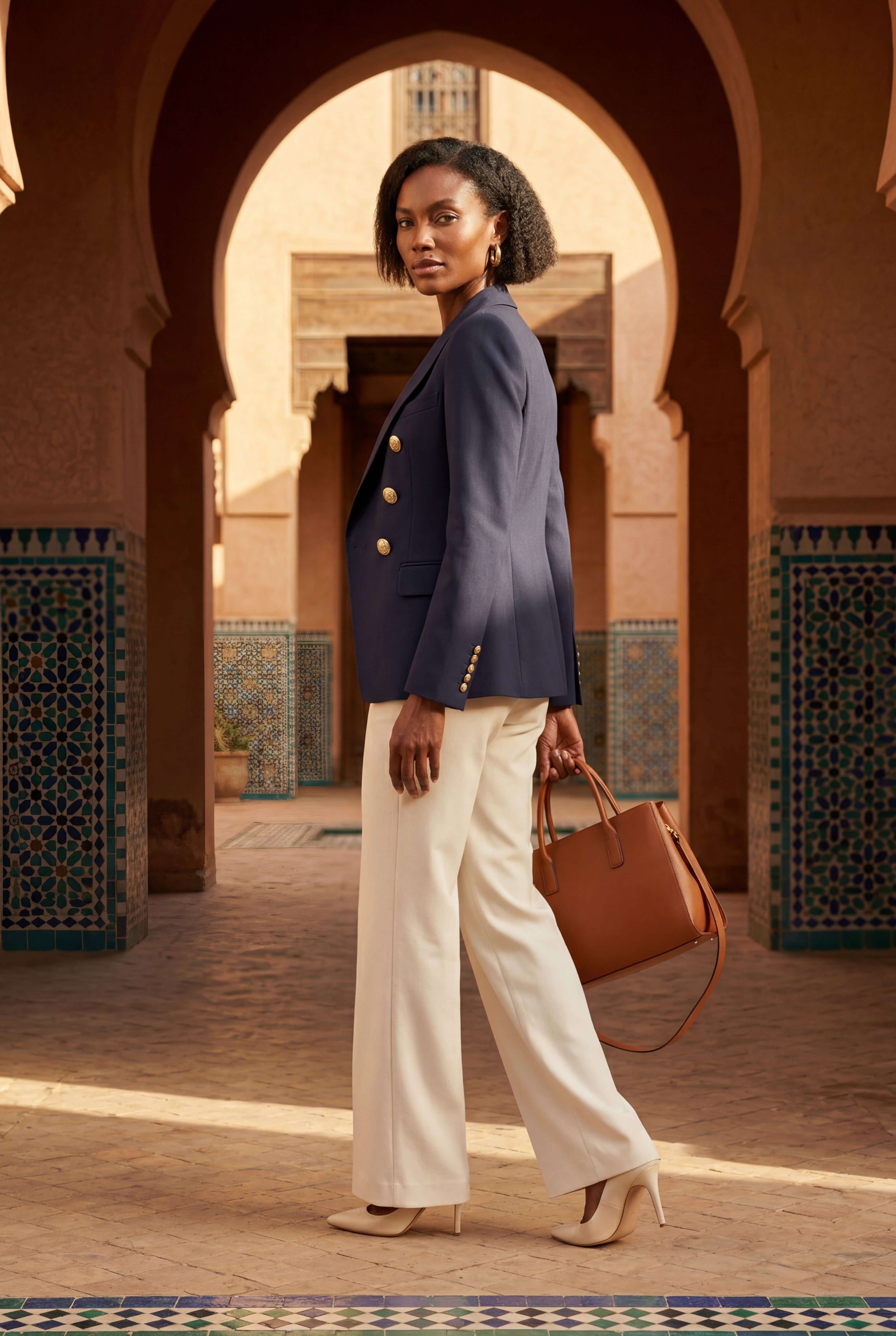 Lia | Women's Gold Button Double-Breasted Tailored Blazer