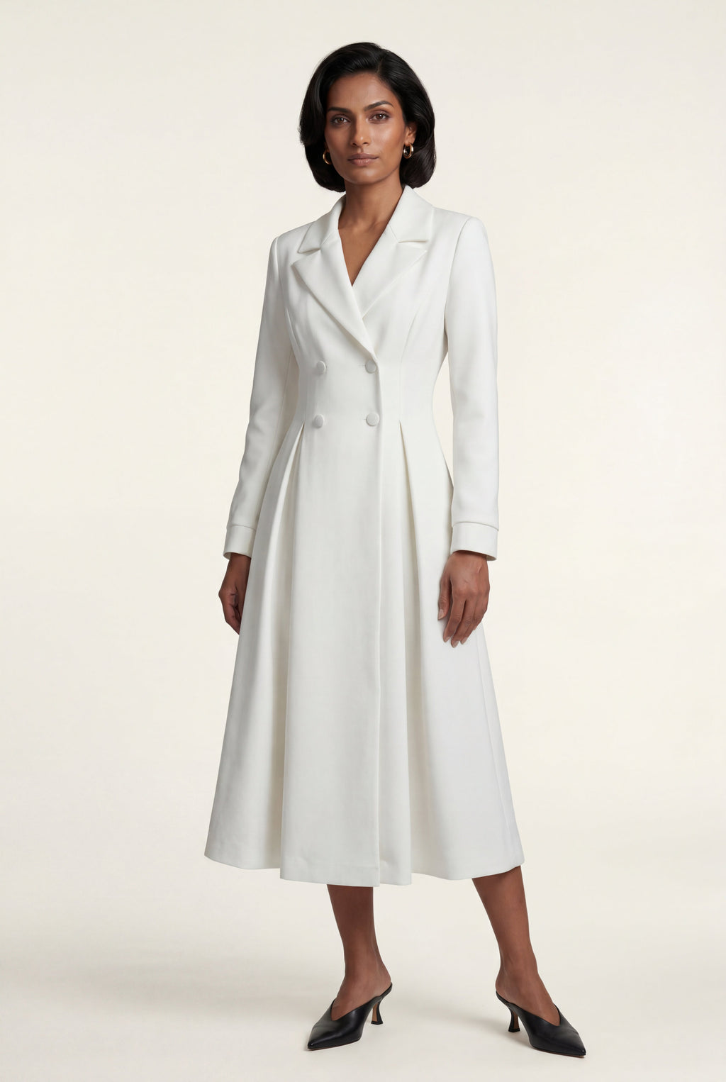 Kim | Women's Ivory Double-Breasted Midi Trench Coat Dress