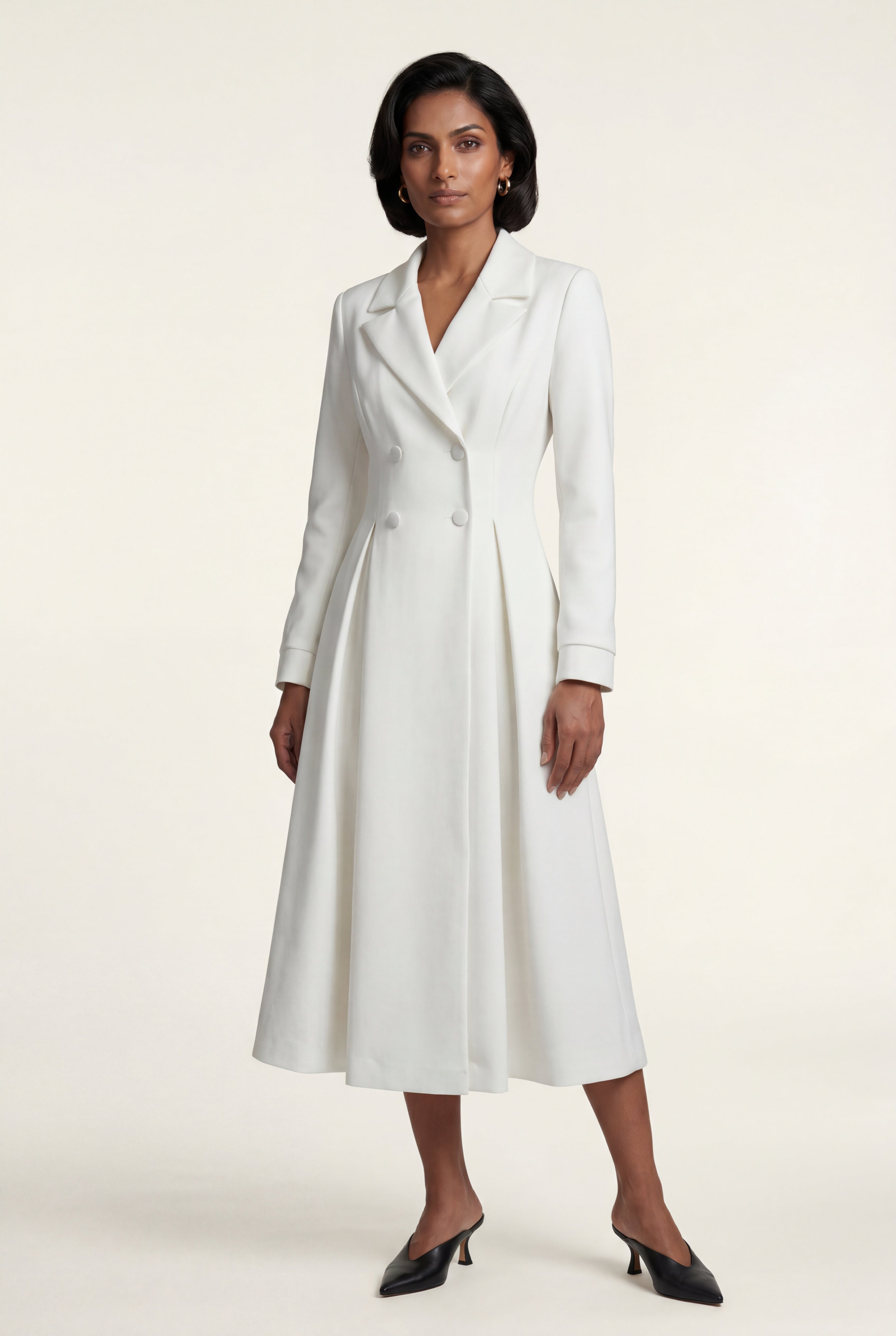 Kim | Women's Ivory Double-Breasted Midi Trench Coat Dress