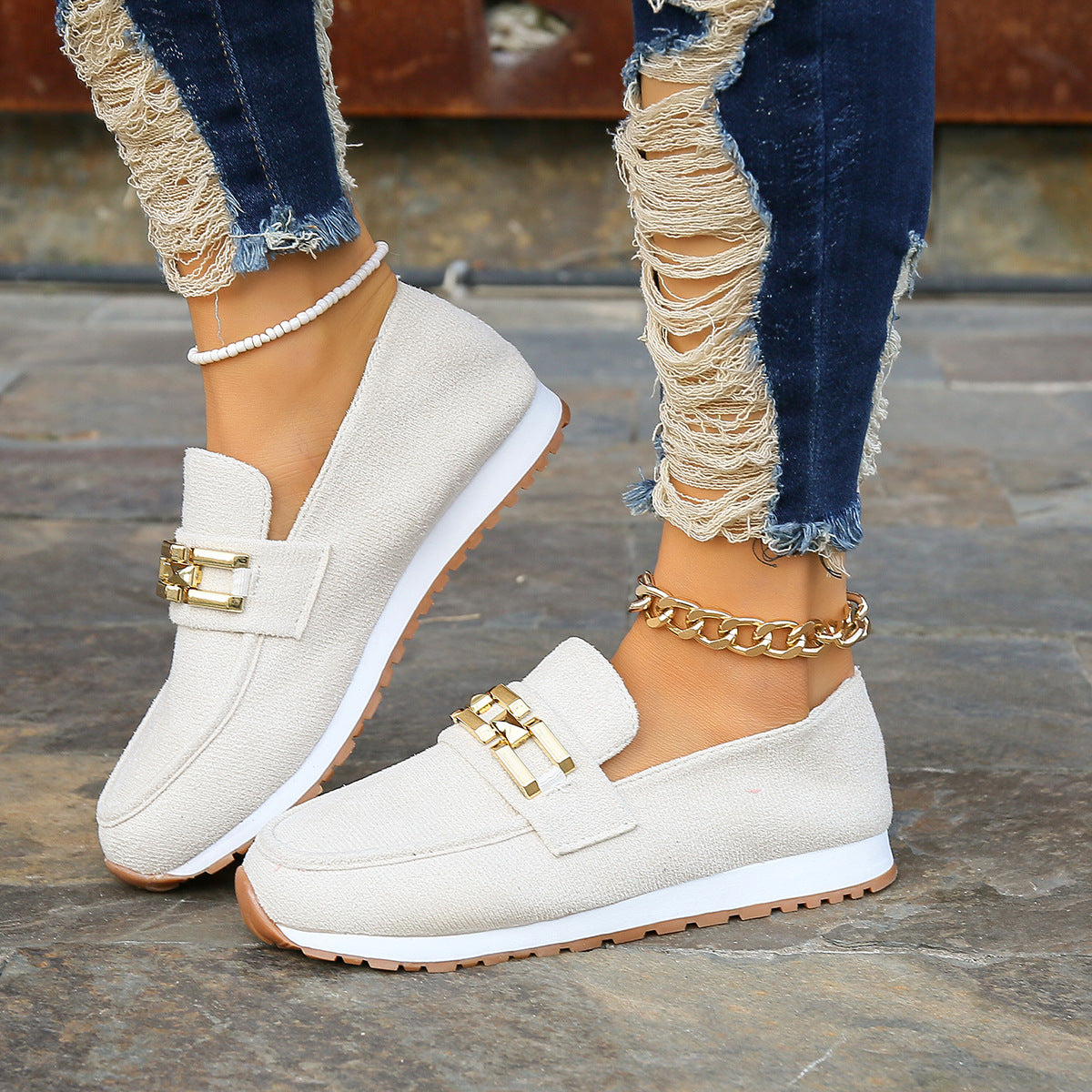 Jenny | Suede Loafers with Gold Accents