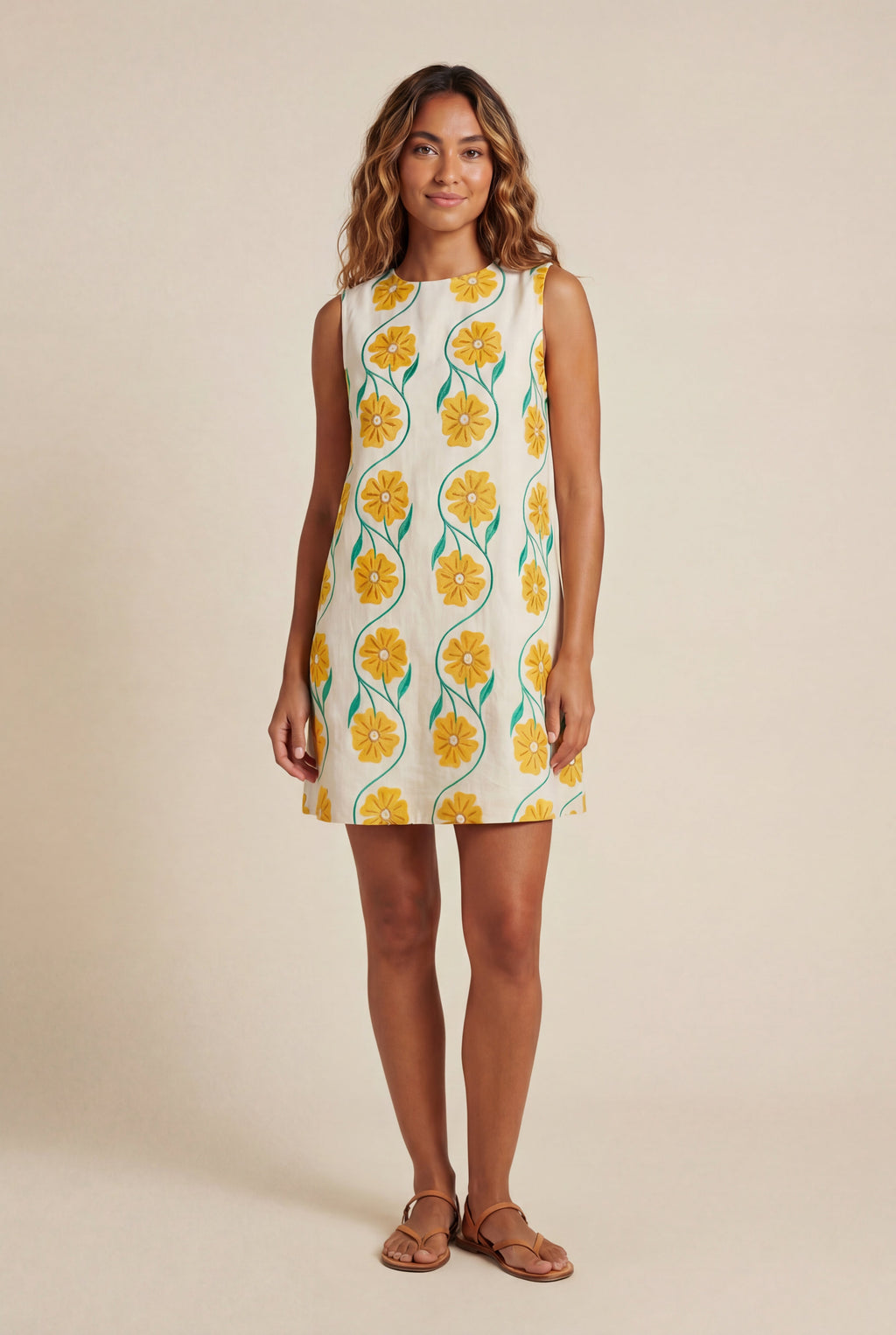 Alyssa | Yellow Floral Sleeveless A-line Mini Dress For Women